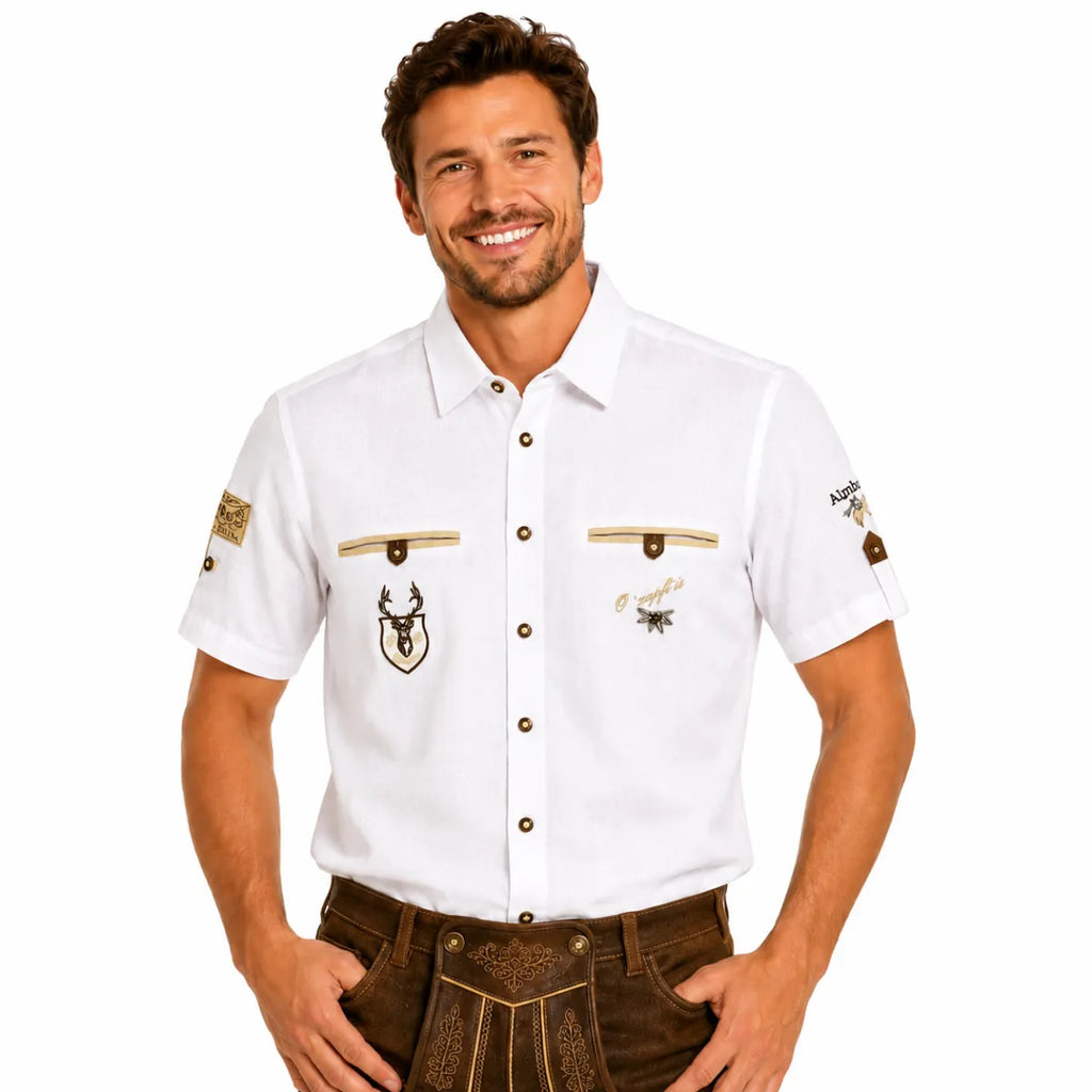 Orbis textie Orbis trachtenhemd wit korte mouw met borduring