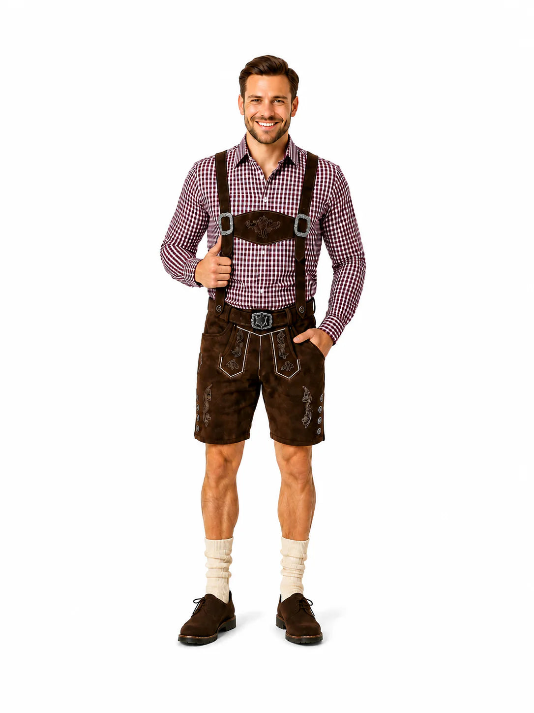 Lederhosen-Set Moritz mit bordeauxfarbenem Hemd und Socken