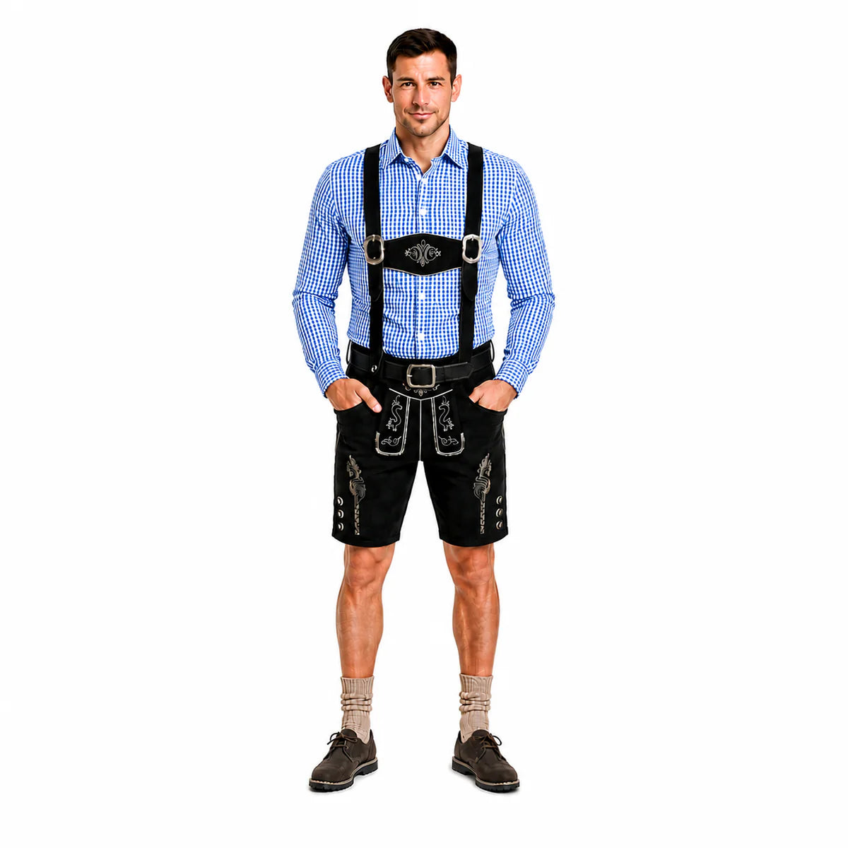 Lederhosen-Set Emil mit blauem Hemd und Socken