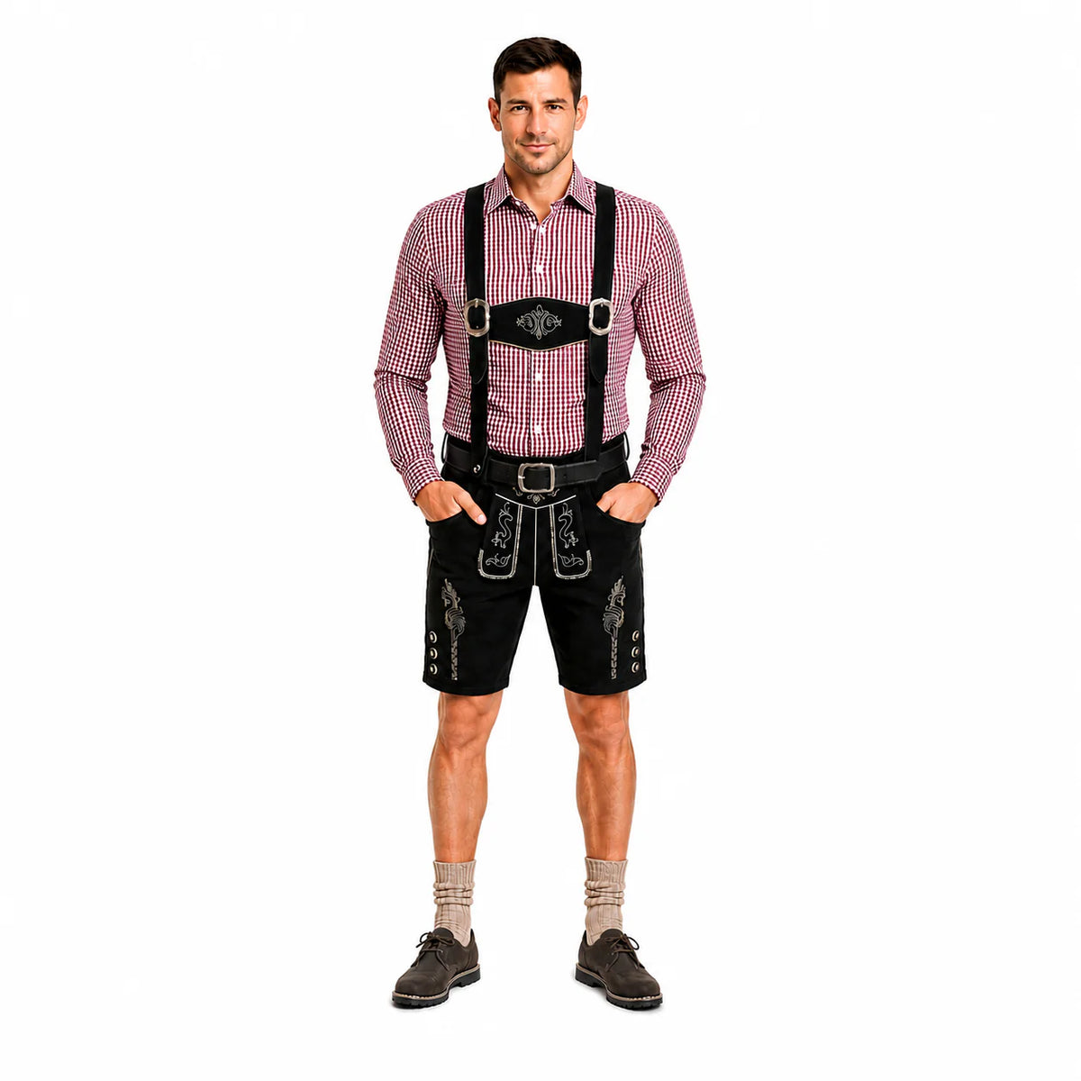 Lederhosen-Set Emil mit bordeauxfarbenem Hemd und Socken