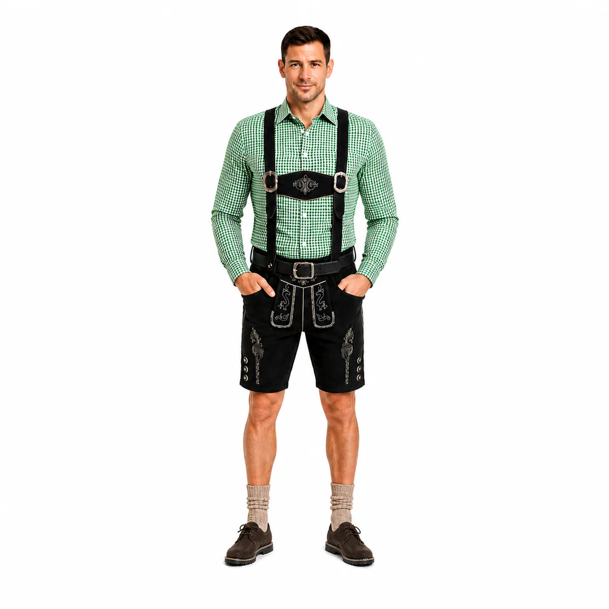 Lederhosenset Emil mit grünem Hemd und Socken