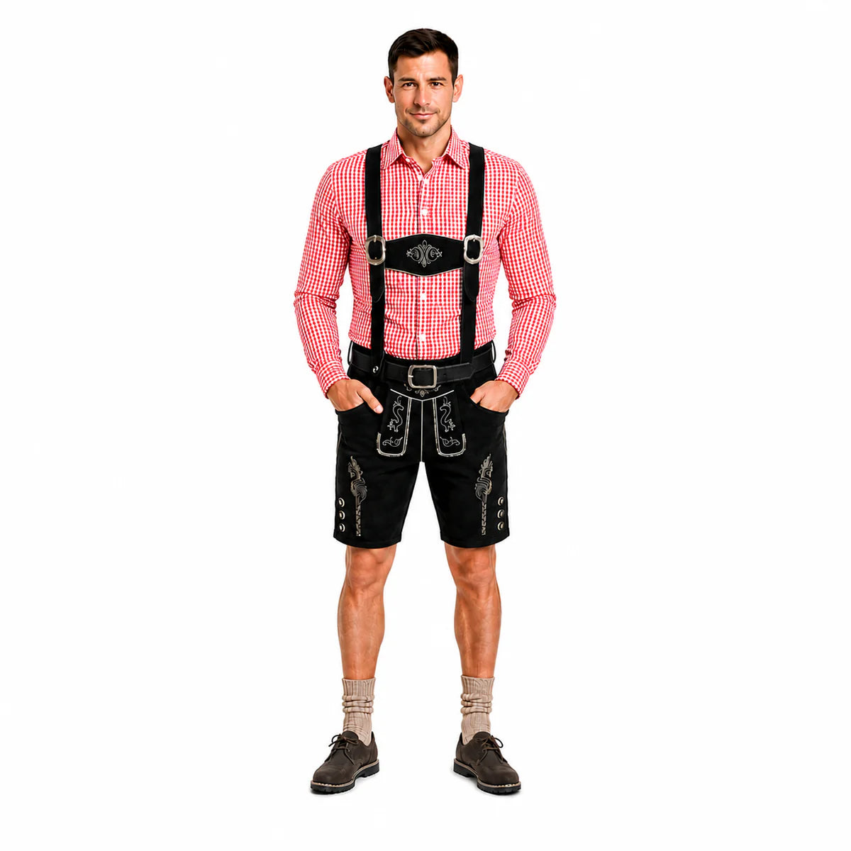 Lederhosen-Set Emil mit rotem Hemd und Socken