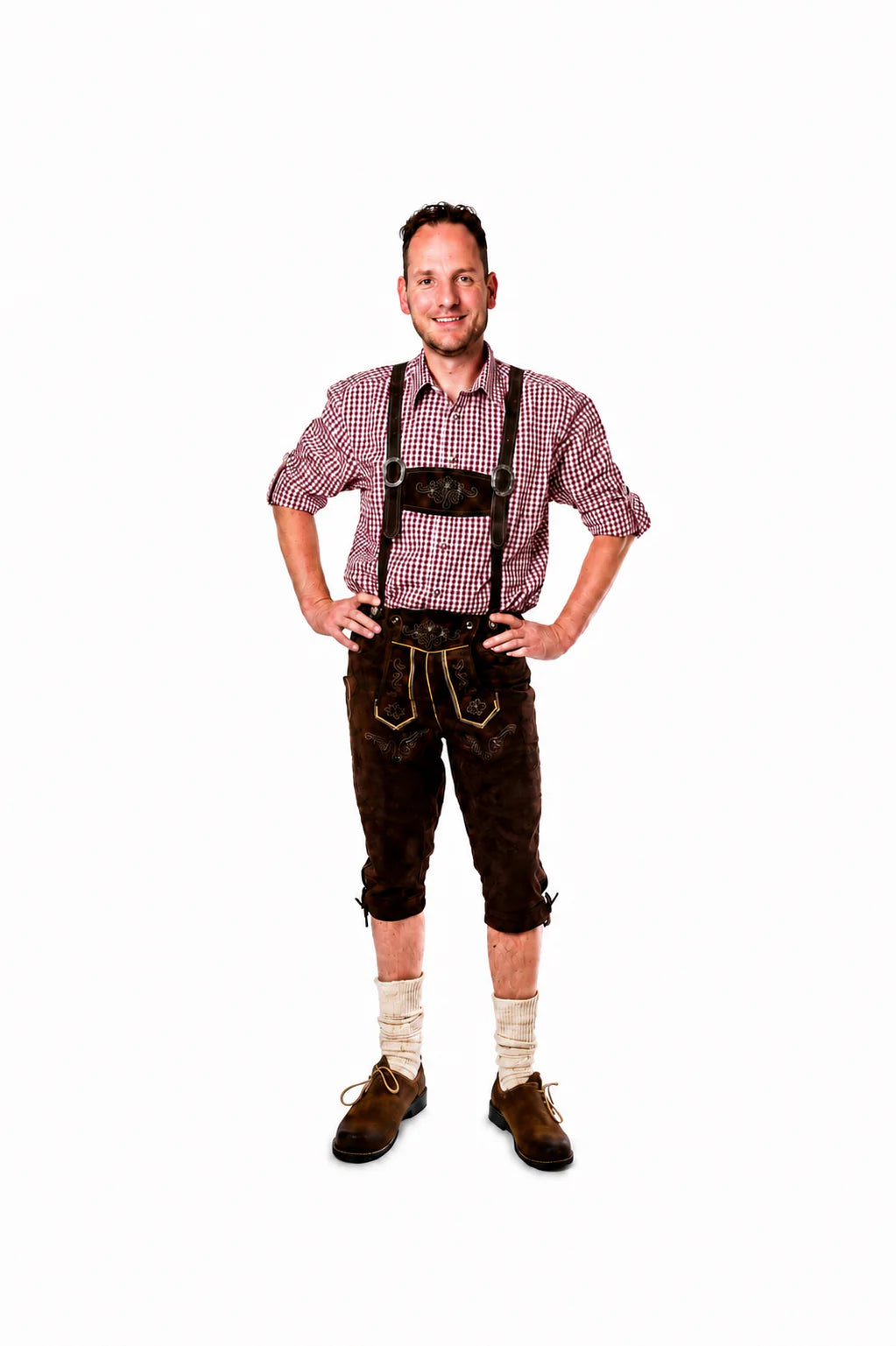 Lederhosen-Set Jupp mit bordeauxfarbenem Hemd und Socken