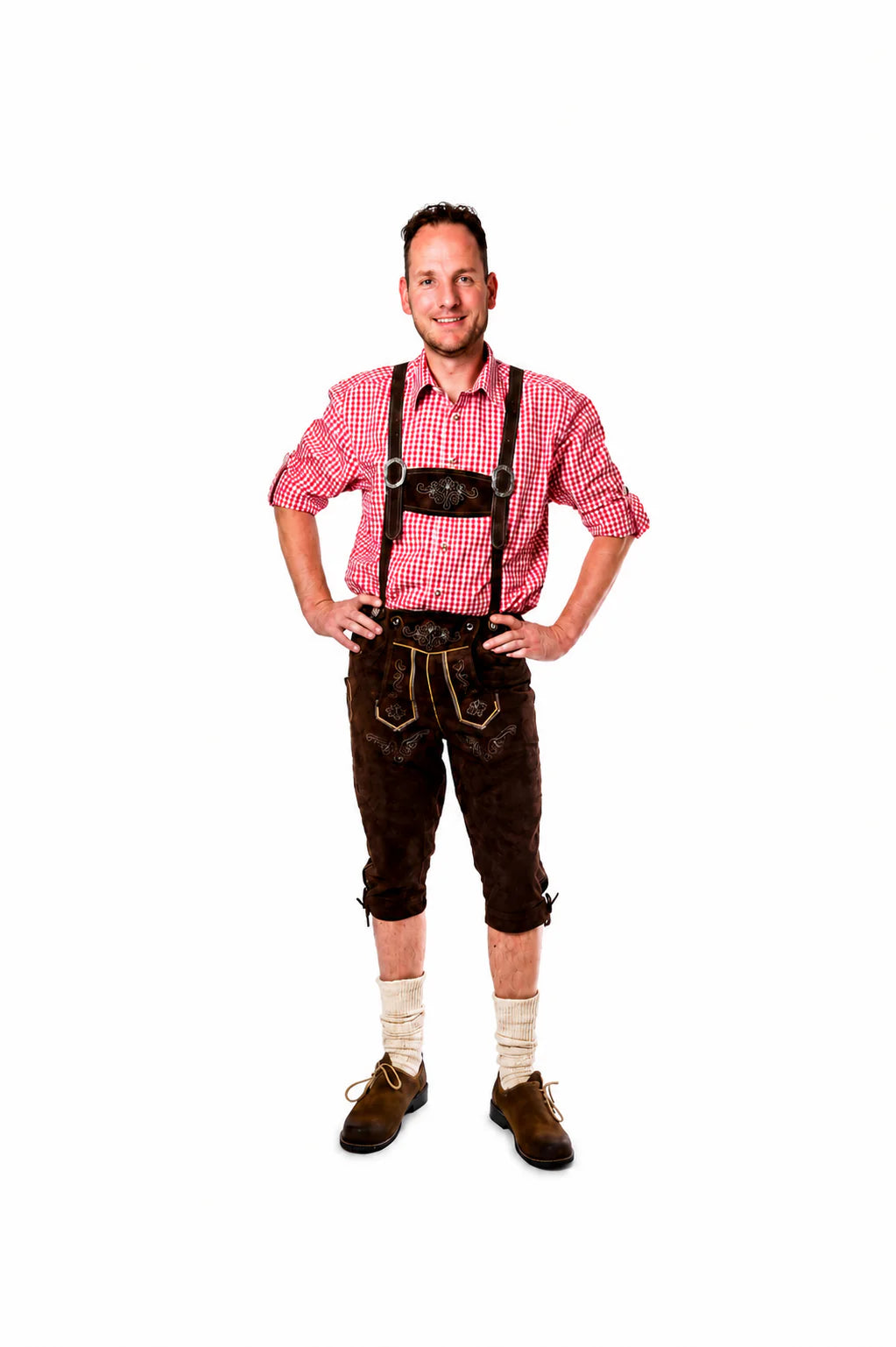 Lederhosenset Jupp mit rotem Hemd und Socken