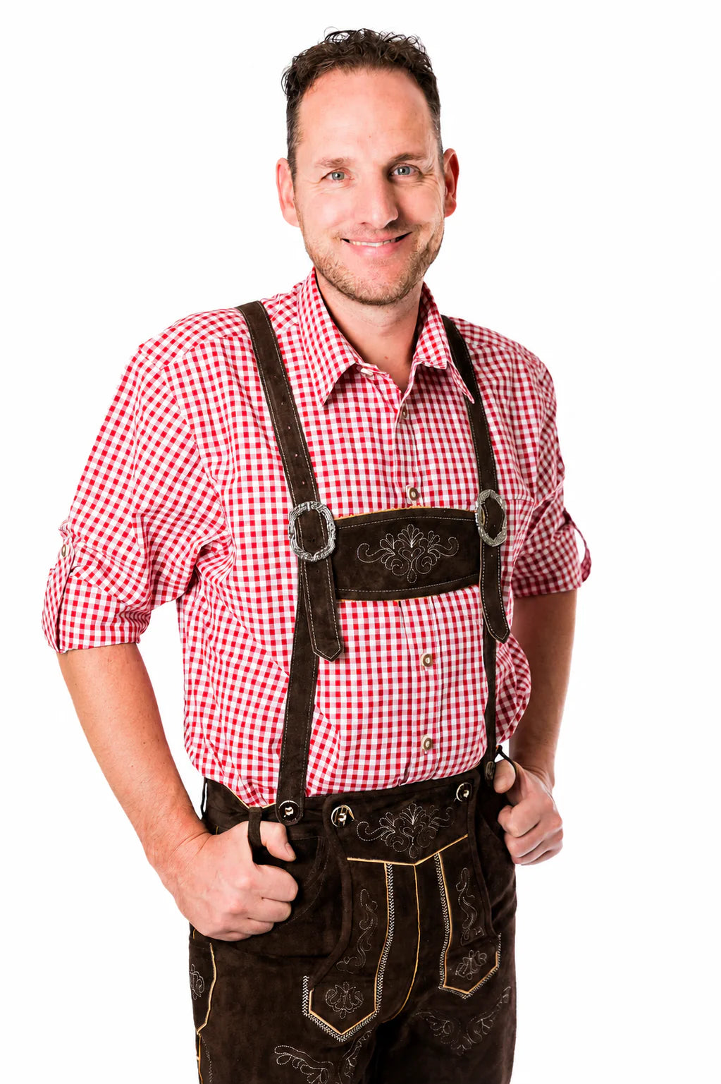 Lederhosenset Jupp mit rotem Hemd und Socken