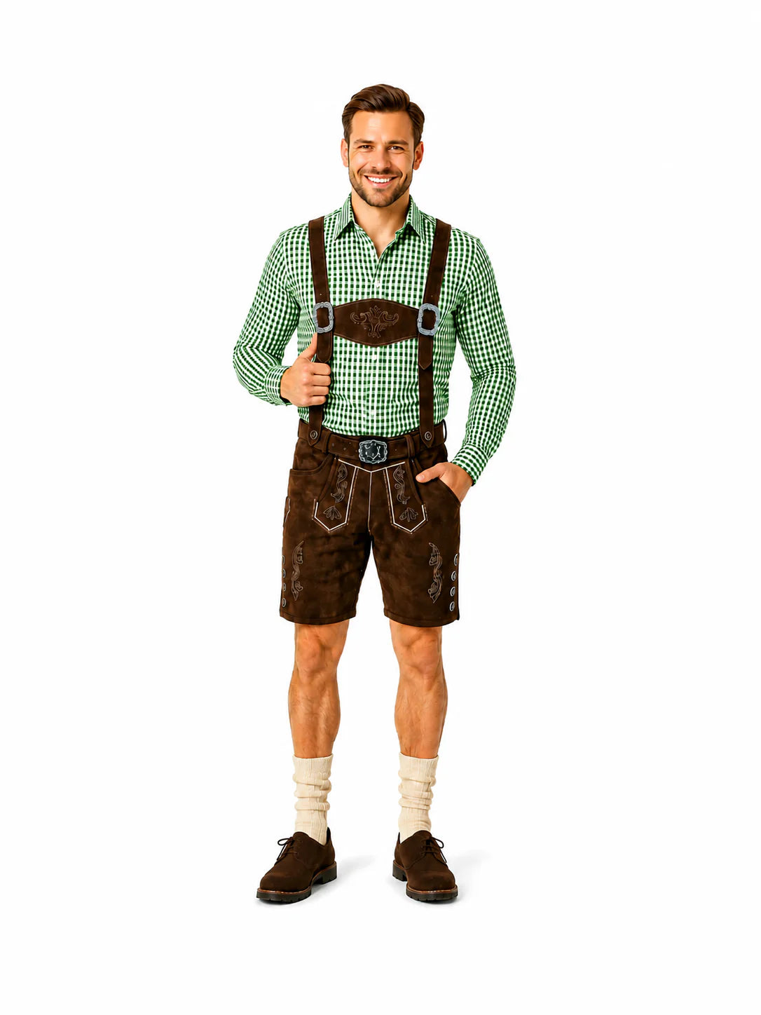 Lederhosenset Moritz mit grünem Hemd und Socken